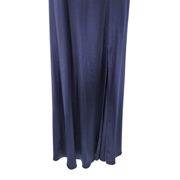City Vibe Satin Navy Blue Feather-Shoulder Formal Gown Sz 9 Front Slit Prom Gala - Picture 11 of 12